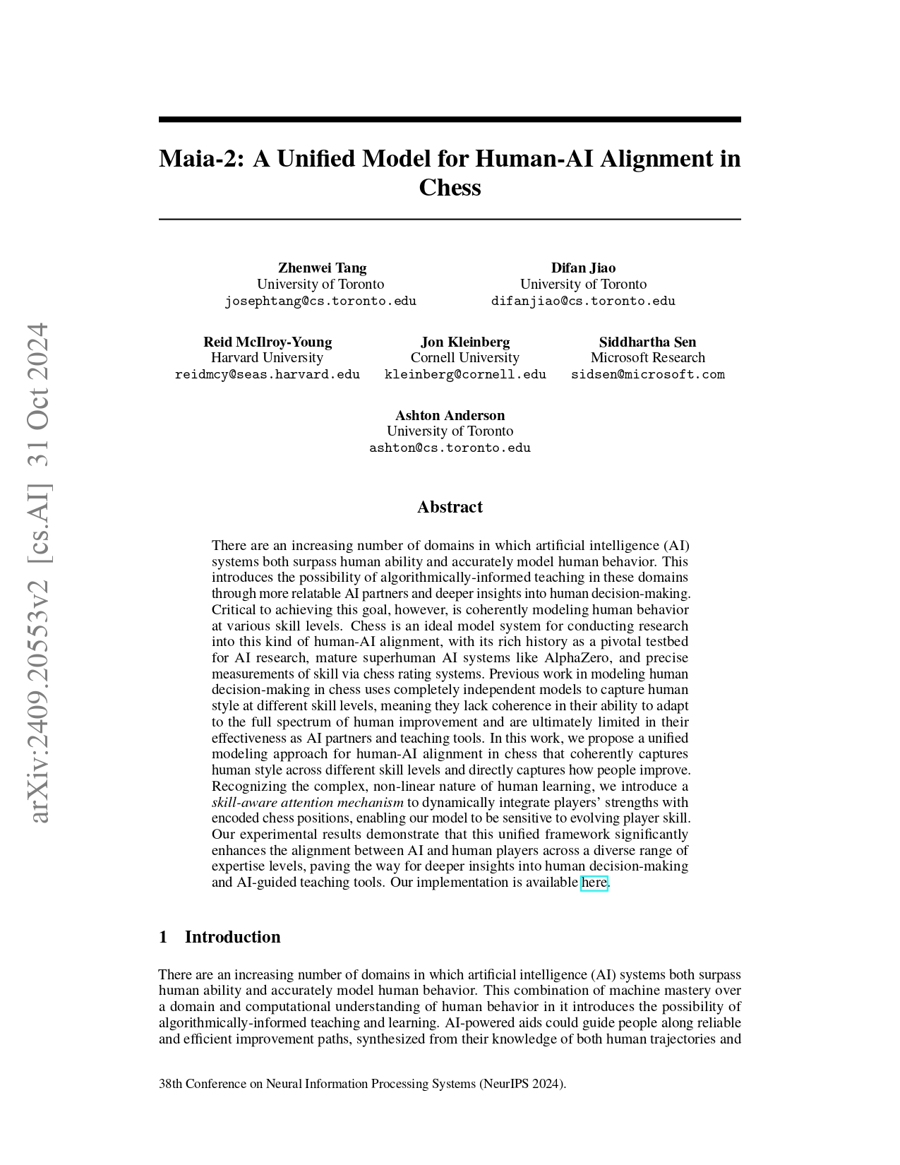 Maia‑2: A Unified Model for Human‑AI Alignment in Chess paper preview